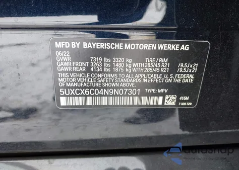 2022 BMW X7 M50I from USA, damaged, VIN 5UXCX6C04N9N07301